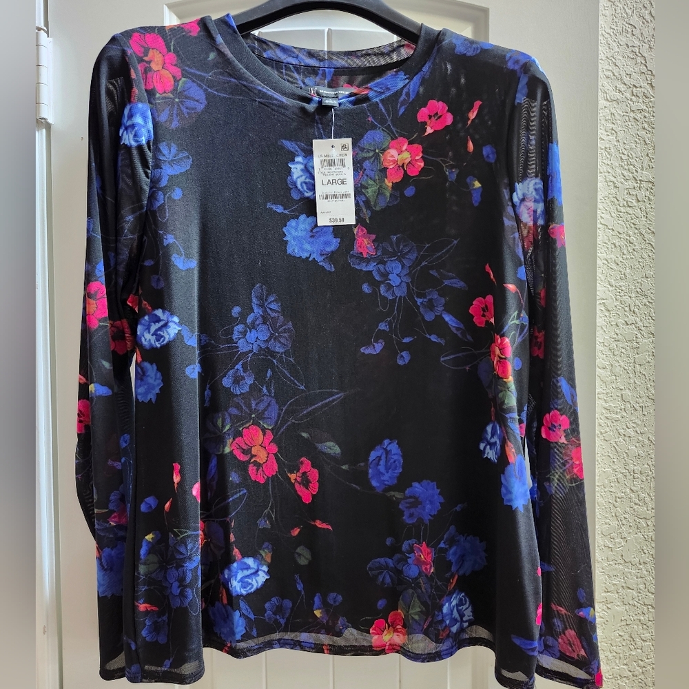 Floral Mesh Top - Black with Pink and Blue Flowers